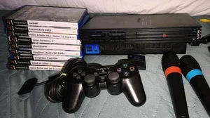 Sony Playstation 2 Spielkonsole - Schwarz (SCPH 30004) PS2 + 9 Spiele u Mikrofon - Bild 1 von 9