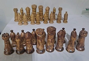Vintage Glazed Ceramic Chess Pieces Set of  Goldish  Brownish King Tallest 4.25 - Picture 1 of 10