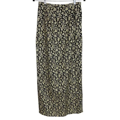 Saia maxi longa brocado floral ouro preto vintage anos 50 anos 60 coquetel festa formal - Imagem 1 de 4