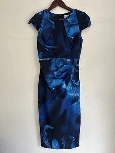 Vintage Karen Millen Bodycon Dress Blue Satin Floral Abstract UK 8 Wiggle - Picture 1 of 7