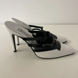 Veronicas Switzerland White Black Stiletto Heel Shoes Leather 90s Pointed 7 40 - Picture 1 of 11