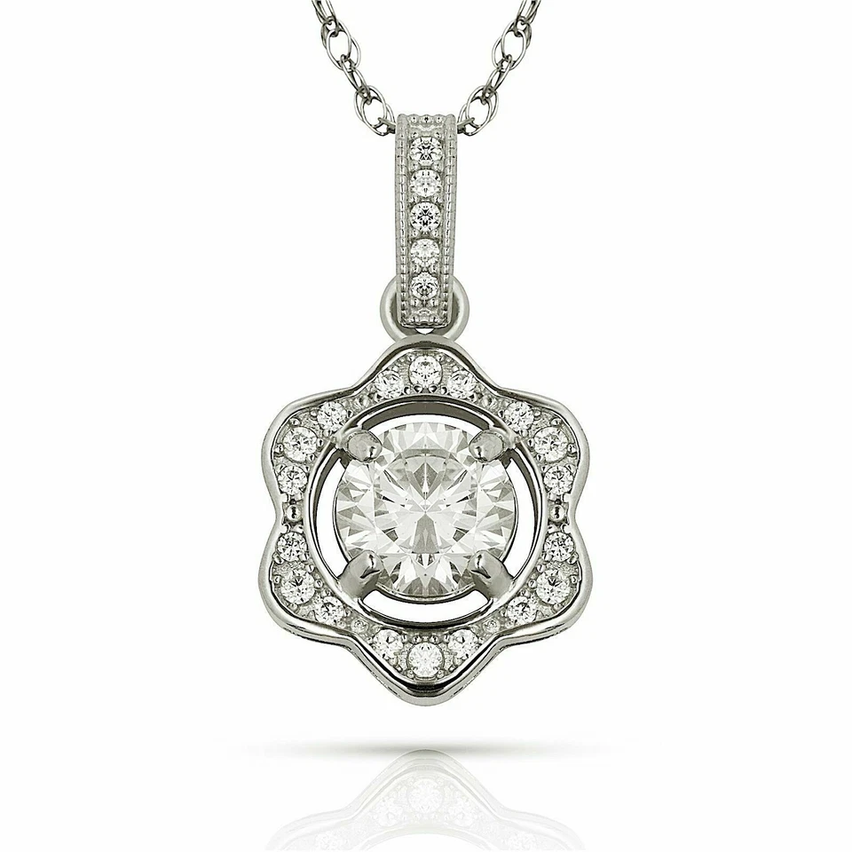 14K Solid Gold 0.79" Flower Solitaire Pendant w/ Sparkly White CZ Stones Gift - Image 1 of 1