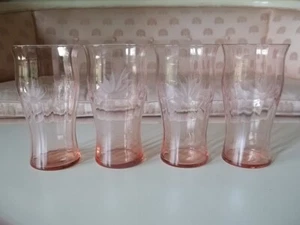 Vtg 4 PINK Etched Floral TUMBLER Water GLASSES 9 OZ. 5" X 2 5/8" - Picture 1 of 9