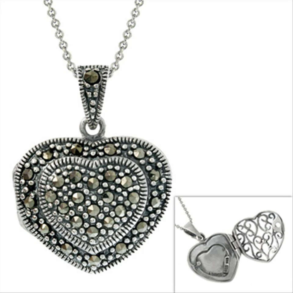 Colgante medallón corazón inflado de marcasita de plata 925, 18" Foto 1 de 1