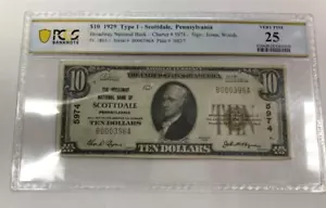 PCGS VF25 1929 T1 Broadway Bank of Scottdale, Pennsylvania $10 Brown Seal[102DUA - Picture 1 of 5