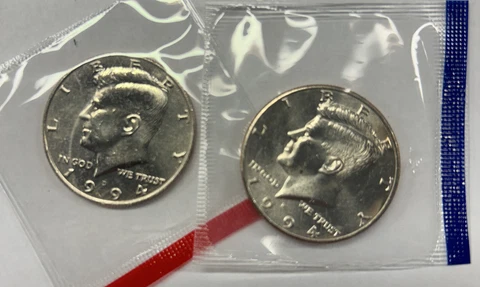 1994 P&D Kennedy Half Dollars from Mint Set in Mint Cello with Free Shipping Cover