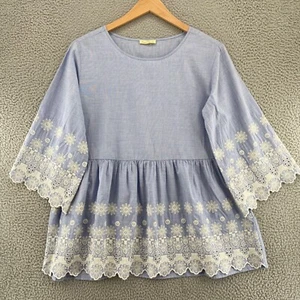 Camicetta Sweet Magnolia donna grande blu ricamata pizzo floreale peplum chambray - Foto 1 di 9