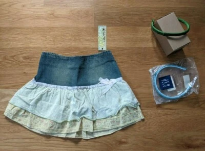 Saia jeans Little Mass tamanho 6 6x azul verde amarela faixa de cabelo nova com etiquetas - Imagem 1 de 4