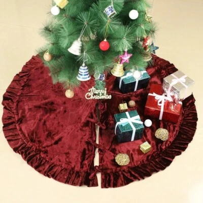 Elegant Burgundy Velvet Christmas Tree Skirt with Ruffles Handmade Custom Color - Image 1 of 4