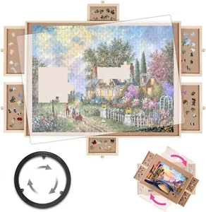 2000 Piece Wooden Puzzle Table with 6 Drawers – Rotating Jigsaw Puzzle Board wit - Picture 1 of 7