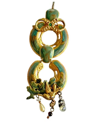 Bird Statement Pendant Brooch Edgar Berebi Dangle Gold Tone Green Swirl Enamel - Image 1 of 4