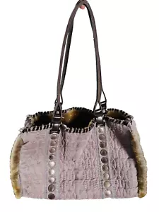 Vintage Y2K Faux Suede Shoulder Bag with Faux Fur Trim Unique Design Vegan VTG - Picture 1 of 11