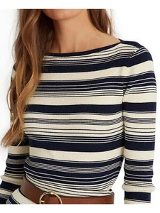 RALPH LAUREN Womens Navy Ribbed Striped Long Sleeve Boat Neck Sweater Size L - Picture 1 of 1