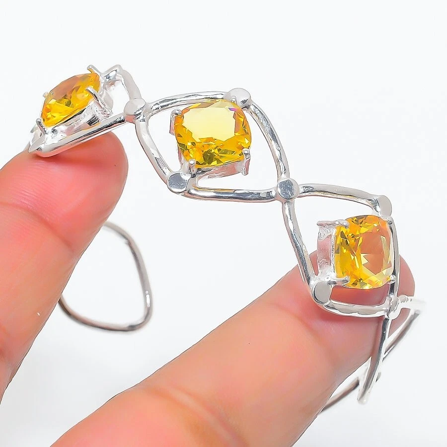 Brazalete ajustable de plata de ley 925 hecho a mano con piedras preciosas de citrino amarillo Foto 1 de 1