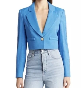 $325 Jason Wu Blazer Cropped Shoulder Pads Linen Cobalt Blue Braided Sm Jacket - Picture 1 of 16