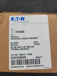 INTERRUPTOR AUTOMÁTICO EATON IND, HFD3060, 60A, 3P, 480 V, TIPO HFD, 65kA@480 V. NUEVO. - Imagen 1 de 2