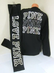BLING LOT Victoria Secret Pink BLACK SILVER LOGO TEE T SHIRT LEGGING PANT L SET - Picture 1 of 9