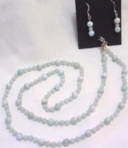 27" HAND KNOTTED LARIMAR & AMAZONITE GEMSTONES BEADED NECKLACE & EARRINGS SET - Picture 1 of 4