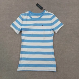 Tommy Hilfger Shirt Youth Girl Small Blue White Striped Crew Neck Casual - Picture 1 of 12