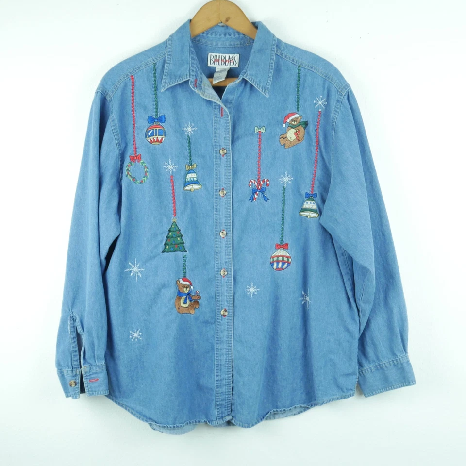 Lindo Denim Vintage Grande Abotonado Bordado Cambray Años 90 Navidad Grannycore Foto 1 de 4