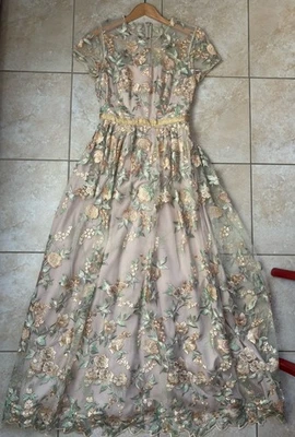 Monique Lhuillier Beige Floral Overlay Embroidered Dressy Gown Dress SZ 6 8 - Image 1 of 4