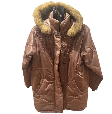 Винтажные женские выстеганный пуховик пальто средней длины меха с подкладкой капюшон радужной бронзы - Изображение 1 из 4