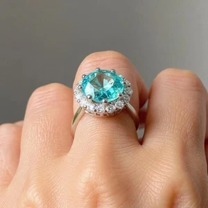 Laborgefertigter Blautopas-Halo-Verlobungsring 2 kt Ovalschliff 14 K Weißgold vergoldet - Bild 1 von 7