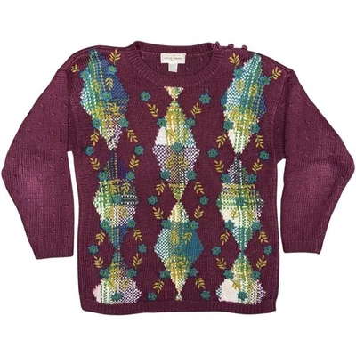 复古休闲角花卉针织毛衣大号酒红色 90 年代奶奶山寨核心 — 第 1/4 张图片