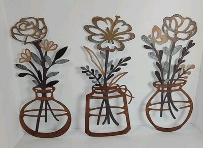 Juego de 3 tarros de albañil de metal rústico flor arte de pared granja floral BOHO casa de campo Foto 1 de 4