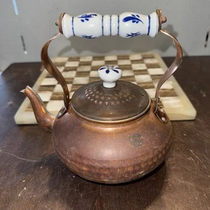 Covered Copper Tea Kettle With Porcelain Handles Blue and White Vintage Teapot - Picture 1 of 6