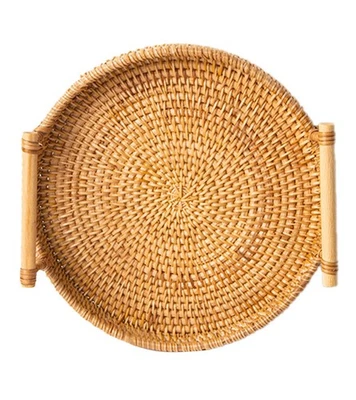 Hand Woven Round Rattan Serving Tray Bread Fruit Dessert Snack Basket With DW - Image 1 of 4