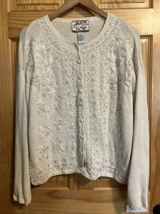 Vintage Heirloom Collectibles Knit Embroidered Beaded Ivory Cardigan size XL - Picture 1 of 4