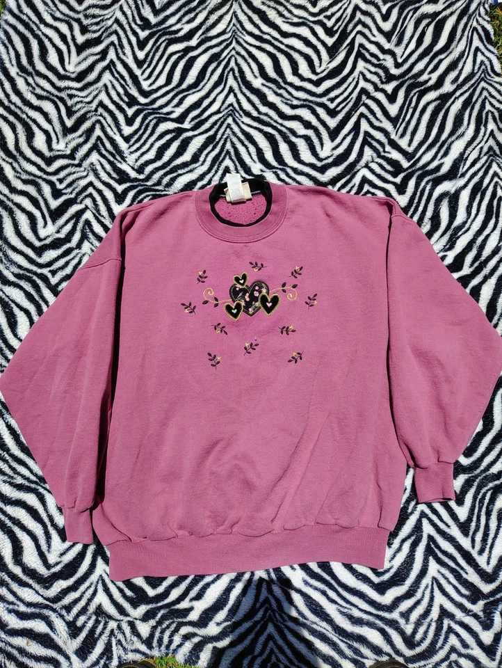 Vintage 90s Top Stitch Sweatshirt Womens 3XL Pink Red Grandma Lagenlook Baggy - Image 1 of 4