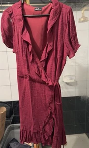 DOTTI Cherry Red Wrap DRESS Size 16 BNWOT Ruffle Adjustable Lined Textured - Picture 1 of 5