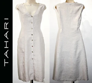 TAHARI 100%Linen Pockets Slits 47"Long Fitted Shirt Dress in Natural Color sz 16 - Picture 1 of 12