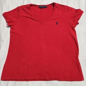 Polo Ralph Lauren Women's V-neck T-shirt Shirt Red Large Blue Logo - Picture 1 of 4