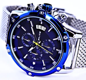Elite Men's Bracelet Mesh Watch Date Blue Silver Colors 1/10 Tel Chronograph - Picture 1 of 3