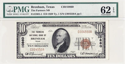 $10 1929 T1 National BRENHAM Texas TX 🇺🇸 PMG 62 EPQ Uncirculated! 🍦Blue Bell - Image 1 of 2