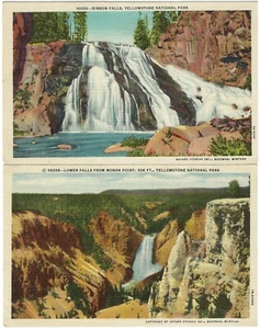 YELLOWSTONE NATIONAL PARK Linen POSTCARD Lot of 2 WATERFALLS Gibbon Moran Point - Picture 1 of 2