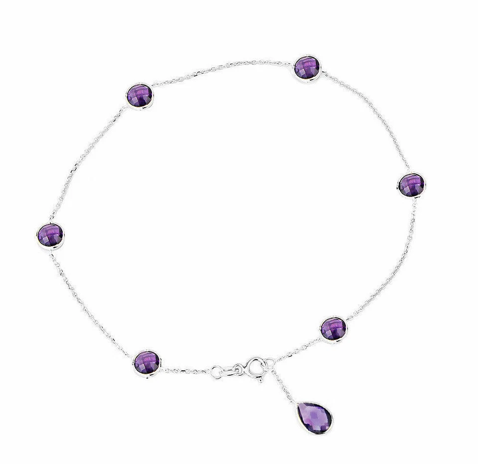 Pulsera tobillera de oro blanco de 14K con amatistas y gota en forma de pera de 9 pulgadas Foto 1 de 2
