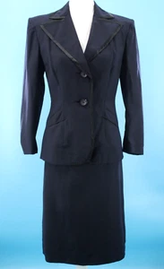 VTG Women's 40s 50s 2 Pc Navy Wool Dress Suit W/ Black Trim Sz M 1940s 1950s - Picture 1 of 20