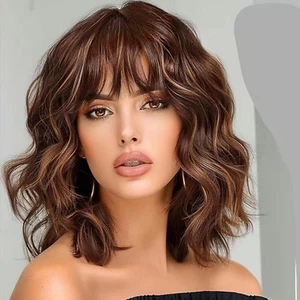 Brown Highlight Wigs for Women Short Wavy Curly Bob Wig with Bangs Shoulder L - Picture 1 of 11