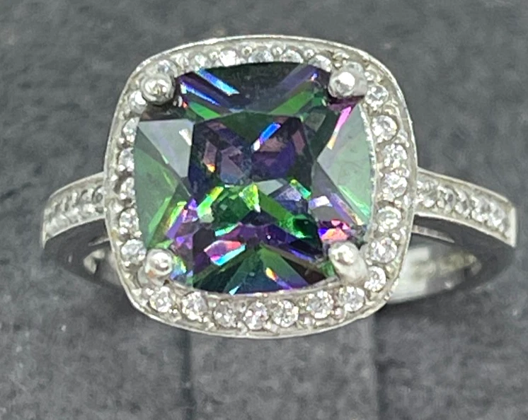 Ring  NF 925 Silver Square Mystic Topaz Surrounded by Clear CZ Crystals.  Size 6 - Image 1 of 4