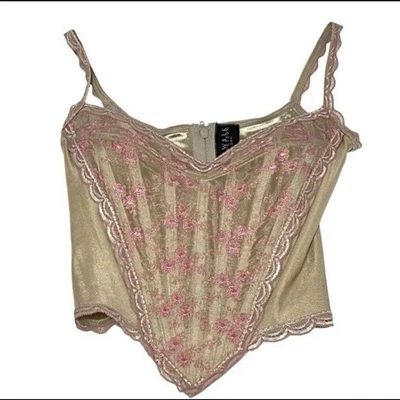 Camiseta Y2K Catwalk Collection espartilho de renda rosa dourada malha vintage XS rara - Imagem 1 de 4