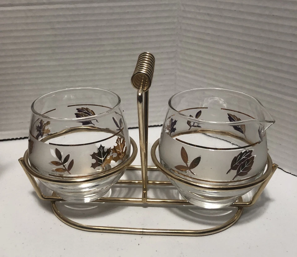 Juego de carrito vintage de azúcar y crema de vidrio esmerilado Libbey hojas doradas caja original Foto 1 de 4