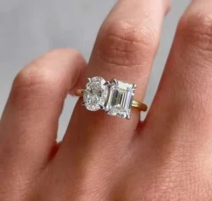 4CT Lab Created Oval & Emerald Cut Toi et Moi Engagement Ring 14K Yellow Plated - Picture 1 of 10