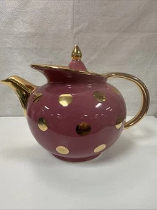 Hall Teapot & Lid Pink/Mauve with Gold Polka Dots 6-cup #0694G - Picture 1 of 14