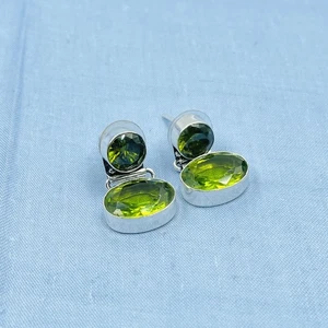 925 Sterling Silver Rose Cut Green Peridot Gemstone Jewelry Dangle Drop Earring - Picture 1 of 4