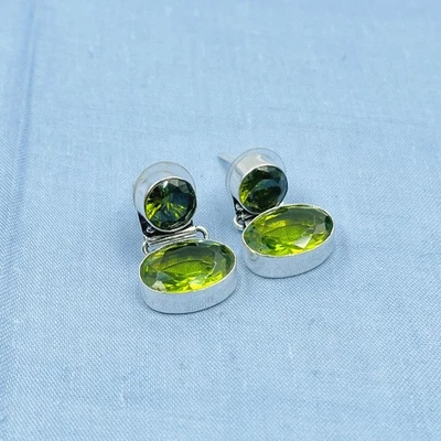 925 Sterling Silver Rose Cut Green Peridot Gemstone Jewelry Dangle Drop Earring - Image 1 of 4