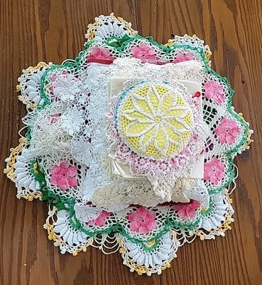 Vtg Linens Lot Of 20 Doilies Tablecloth Floral Lace Crochet Granny READ Handmade - Image 1 of 4